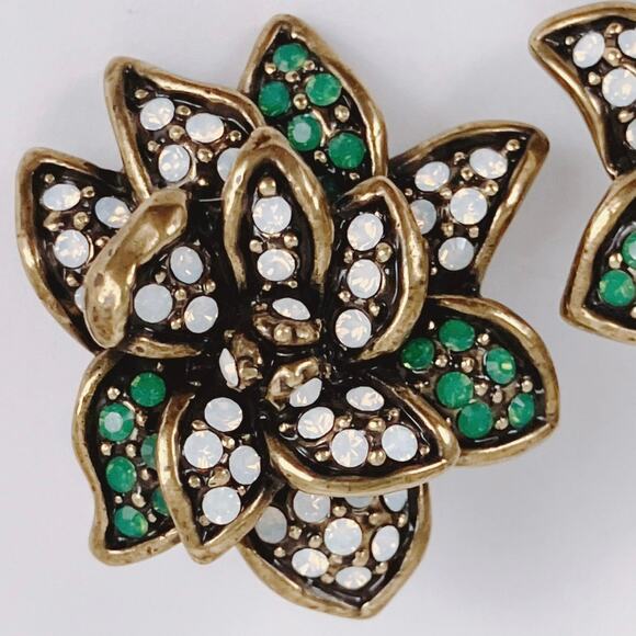 Vintage Signed Heidi Daus Gold Tone Green Crystal Floral Clip-On Earrings - Picture 3 of 10